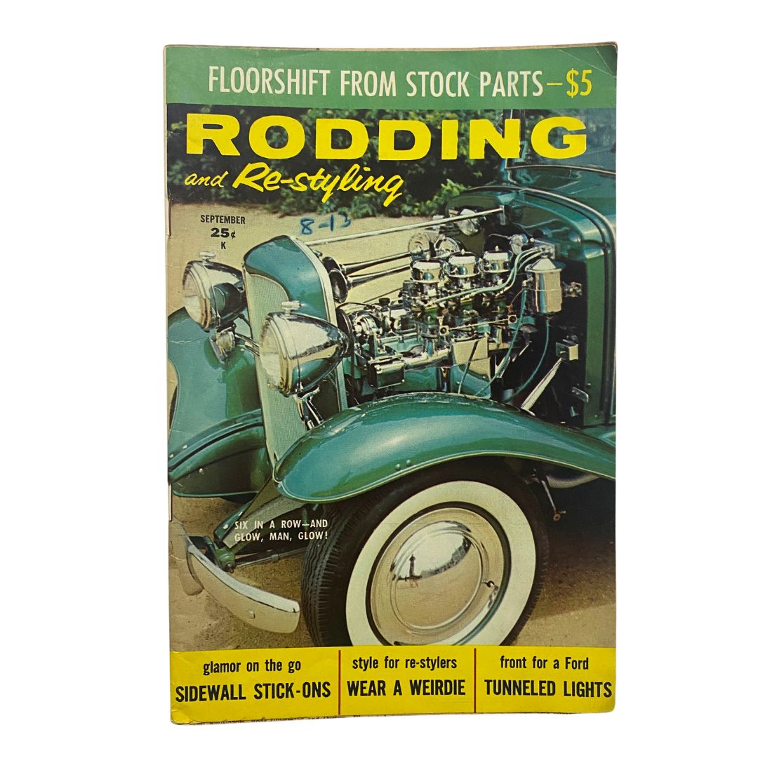 VTG Rodding & Re-Styling Magazine September 1959 cover featuring a vintage car showcasing floorshift stock parts.
