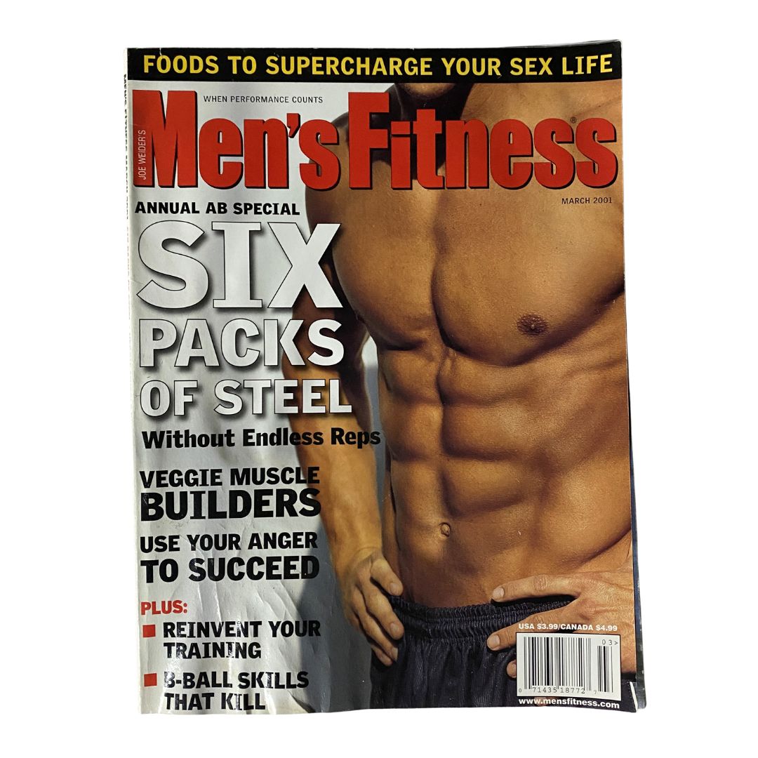 Men's Fitness Magazine March 2001 Annual AB Special featuring a cover image showcasing a muscular man with a six-pack abs, emphasizing 'Six Packs of Steel' and fitness tips for achieving a toned body.