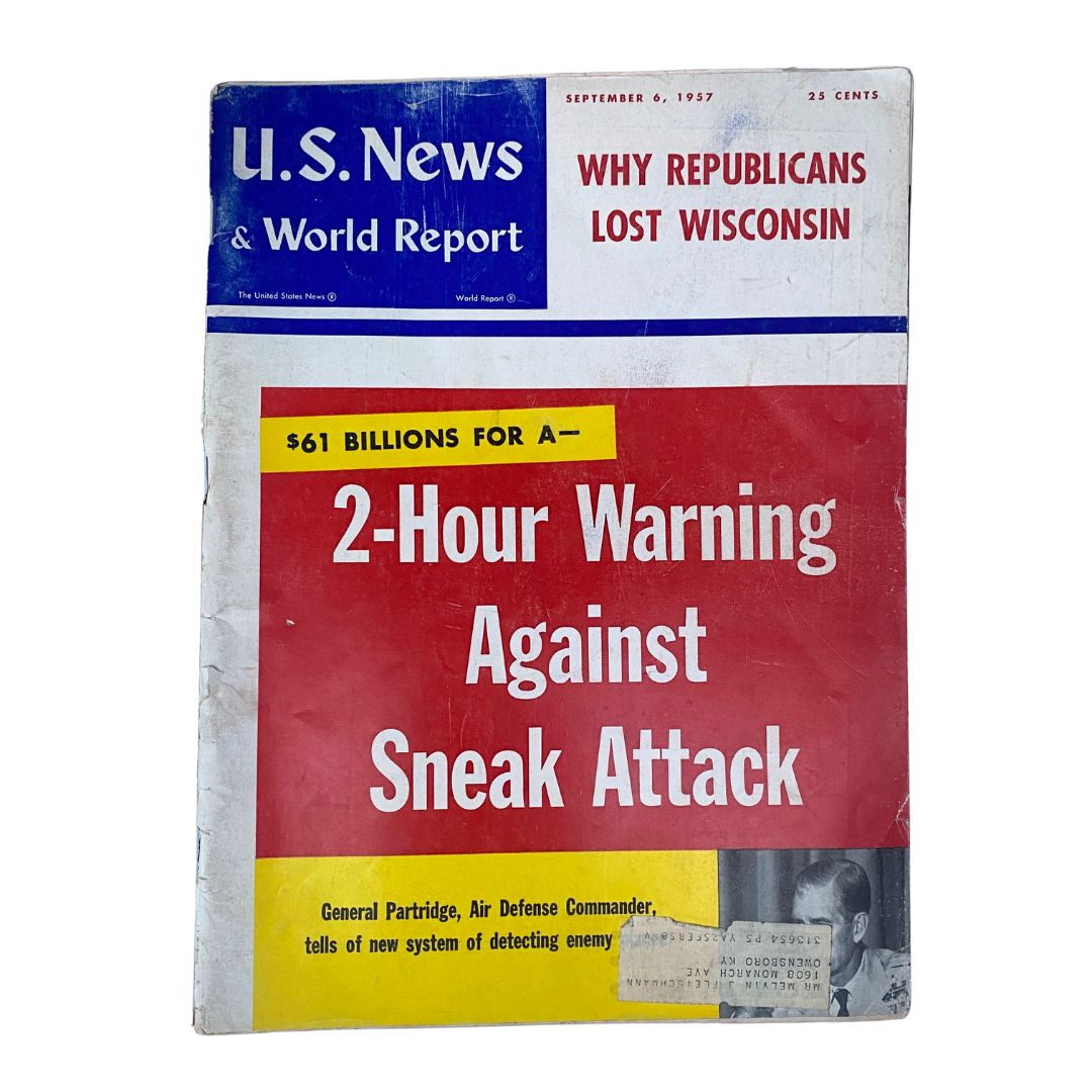 Cover of US News & World Report Magazine from September 6, 1957 featuring headlines about political events and a focus on General Earle E. Partridge with a warning against sneak attacks.