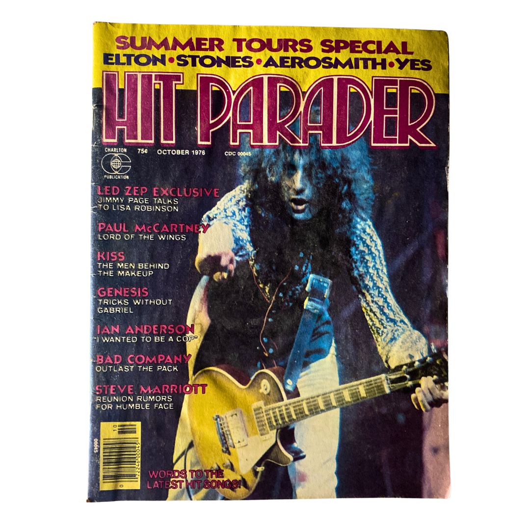 Cover of the VTG Hit Parader Magazine from October 1976 featuring Led Zeppelin and Paul McCartney, showcasing iconic rock artists of the 70s, along with a vibrant design and headlines highlighting articles within.