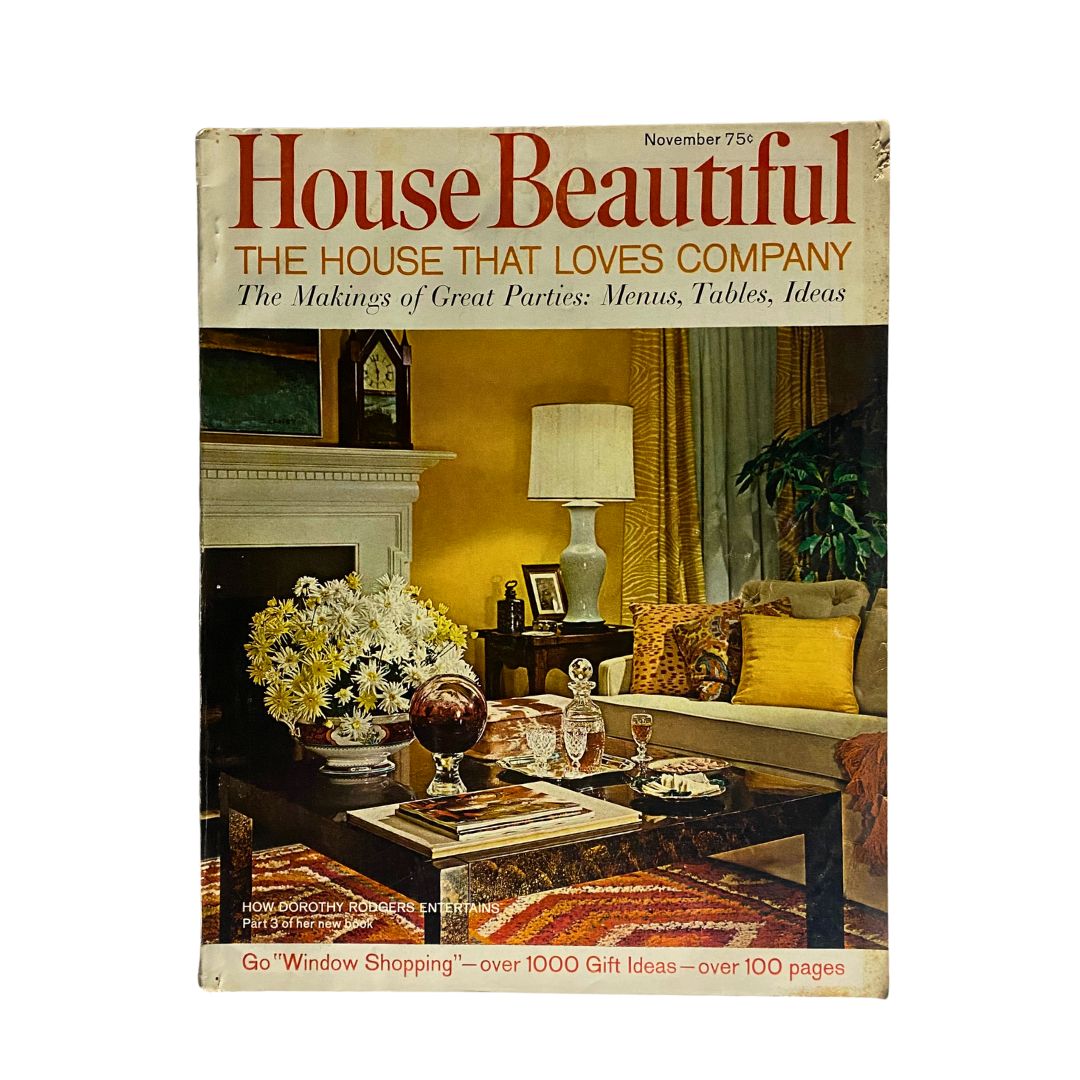 Cover of VTG House Beautiful Magazine November 1967 featuring interior design ideas and party menus, highlighting the theme 'The House That Loves Company.'