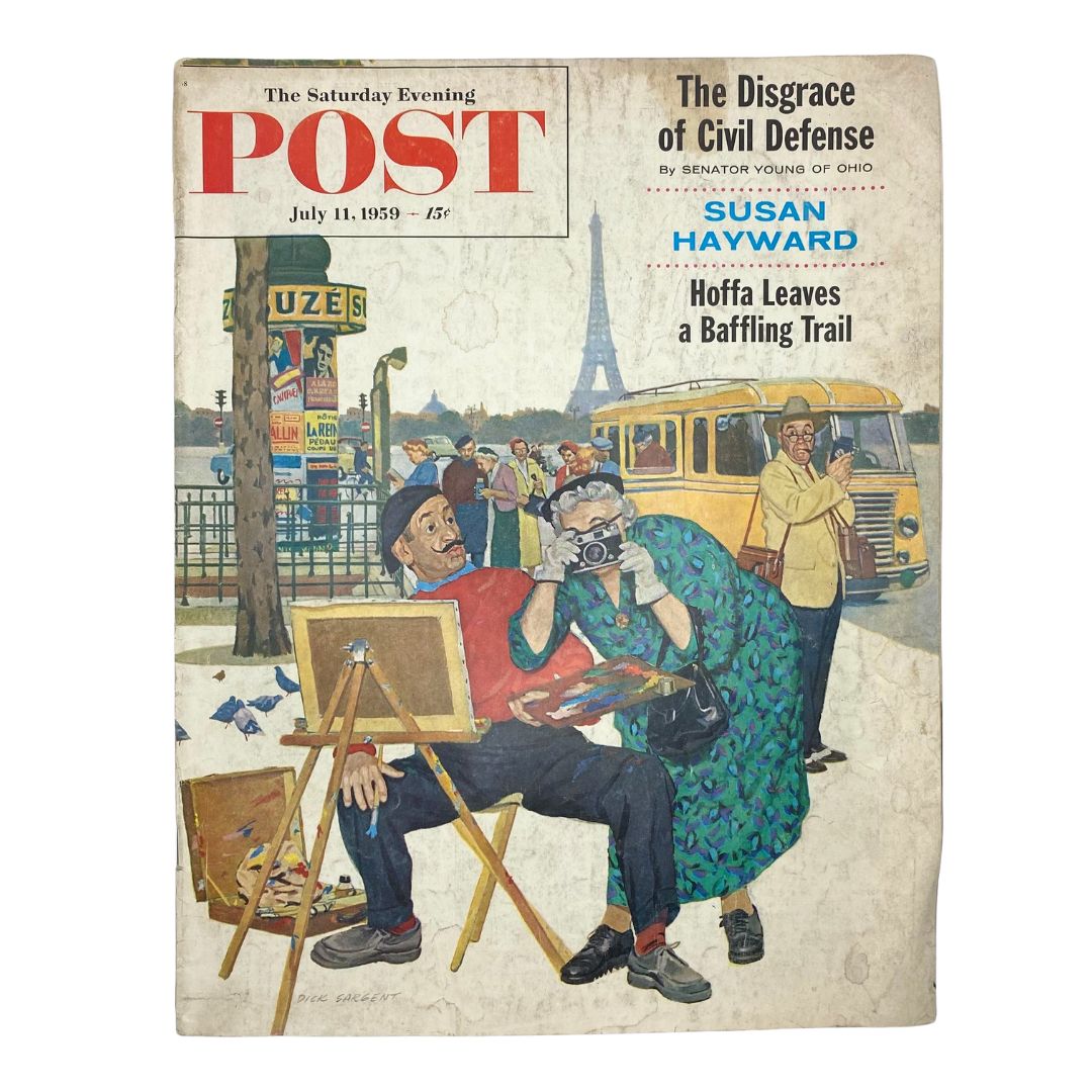 Cover of the Saturday Evening Post Magazine from July 11, 1959, featuring an illustration by Dick Sargent, showing a vibrant street scene with a painter, a photographer, and people enjoying the outdoors, alongside the Eiffel Tower in the background.