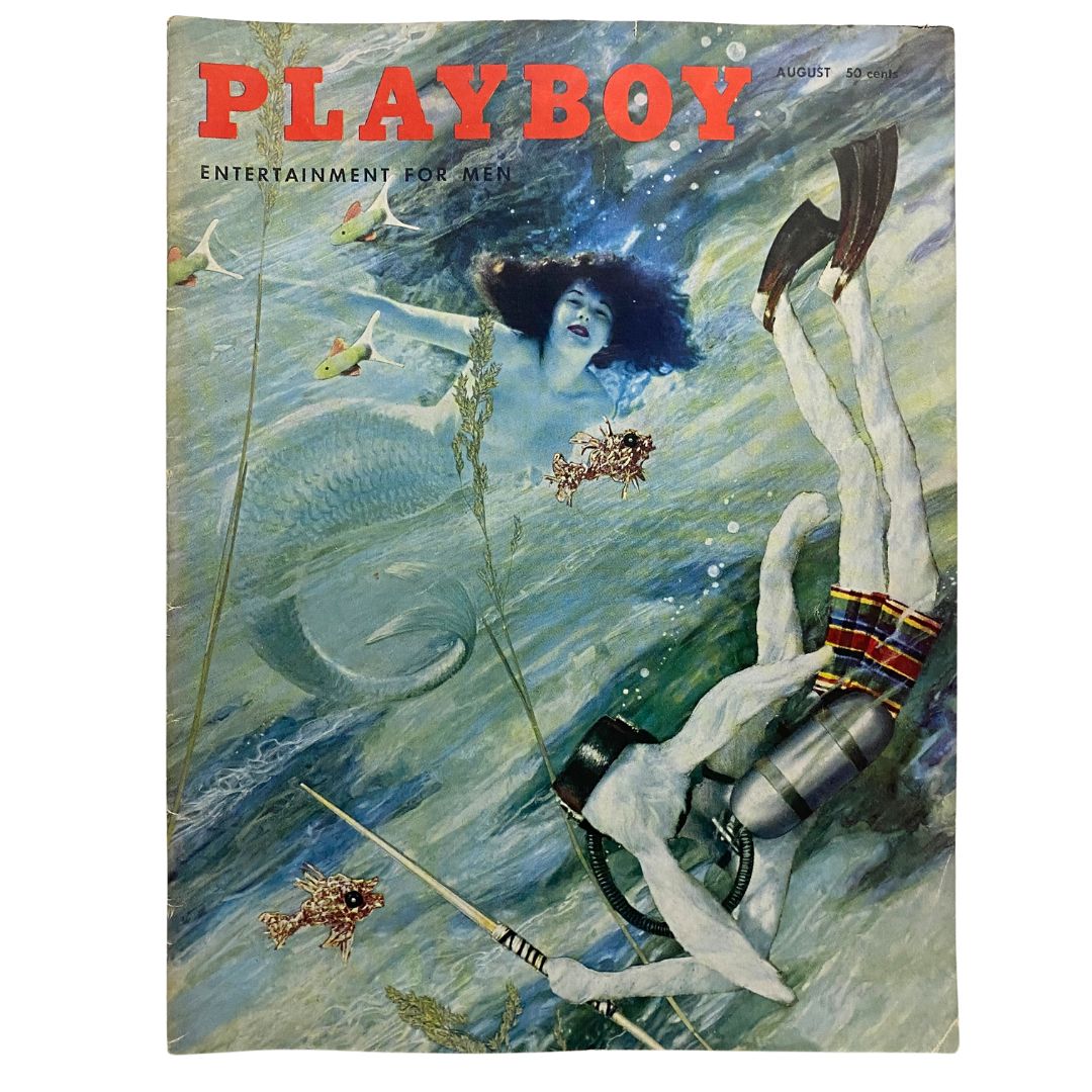 VTG Playboy Magazine August 1955 featuring a stunning underwater cover illustration with a mermaid and a diver.
