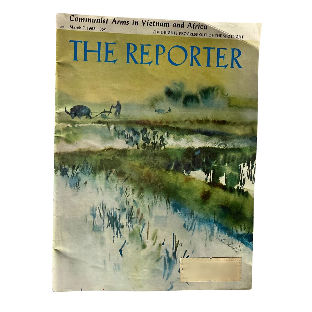 Cover of VTG The Reporter Magazine March 7 1968 featuring the title 'The Reporter' with the headline 'Communist Arms in Vietnam and Africa', an artistic watercolor illustration of a rural landscape.