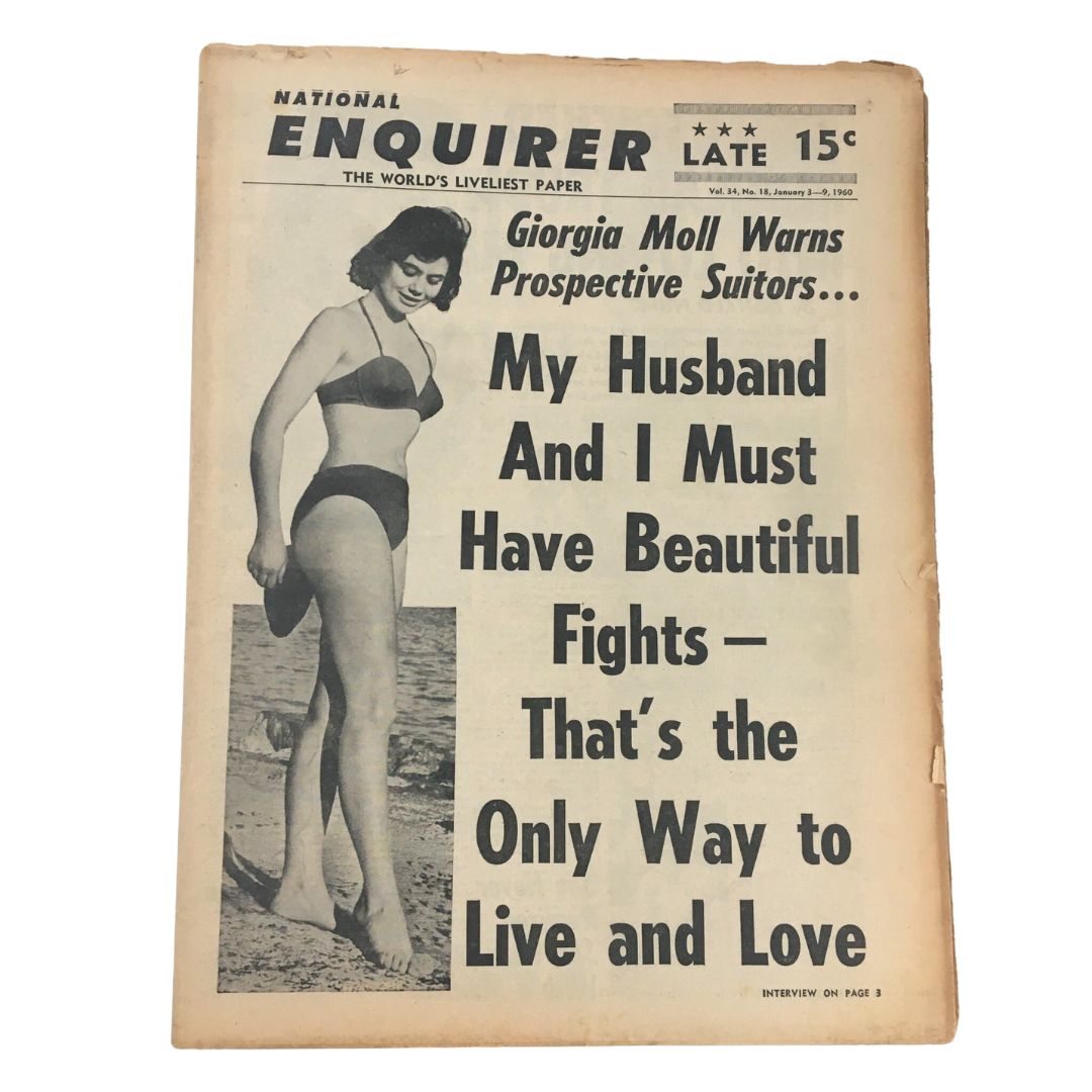 National Enquirer Newspaper January 3, 1960 featuring Giorgia Moll warning prospective suitors, showcasing her in a bikini on the cover.