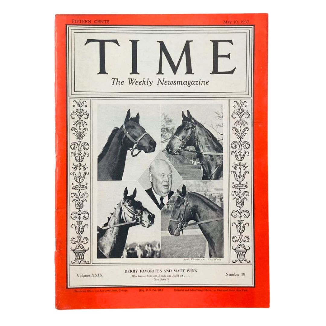 Cover of VTG Time Magazine May 10 1937, Vol 29 No. 19 featuring Derby favorites and Matt Winn, showcasing images of horses and a prominent figure in horse racing.