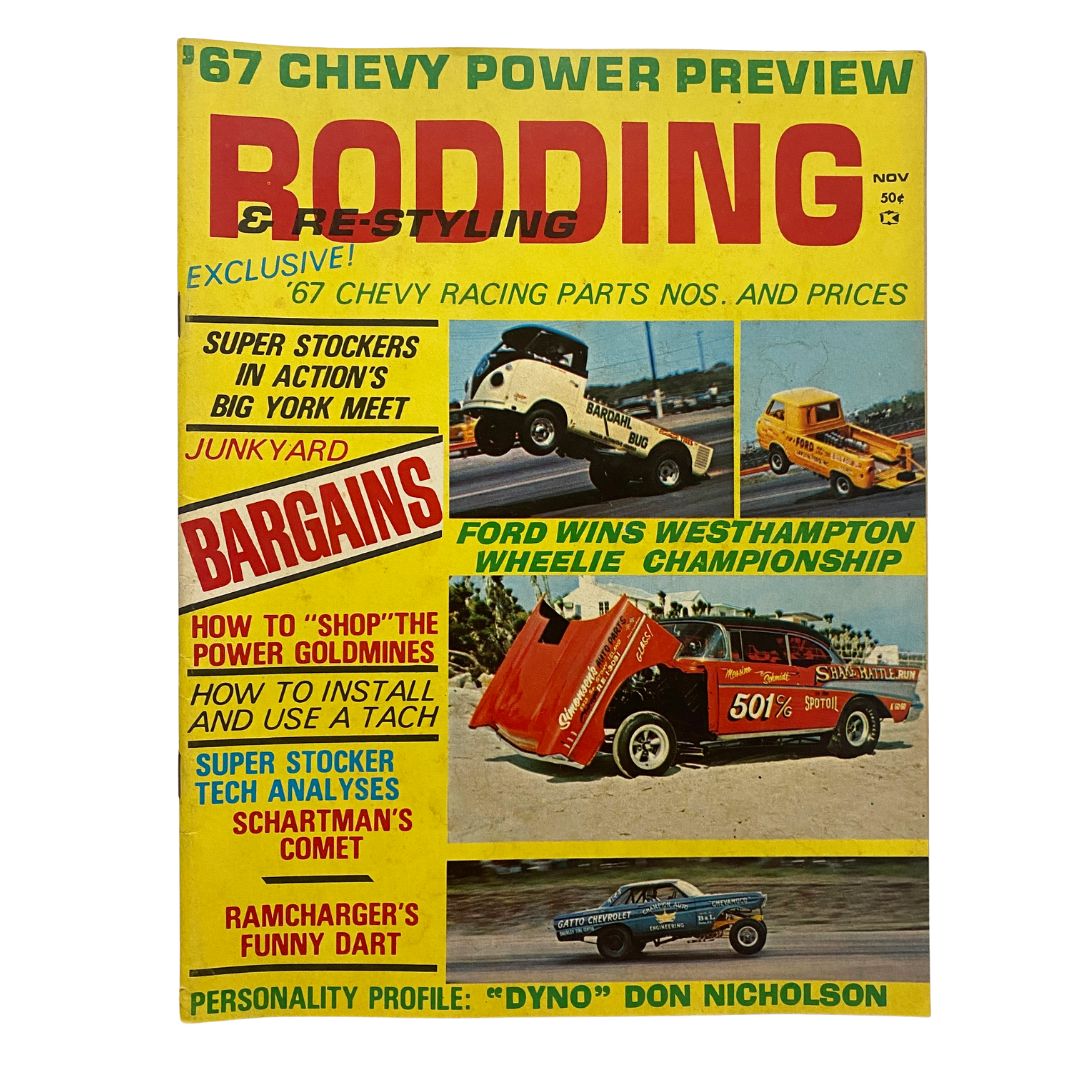 Cover of Rodding & Re-Styling Magazine November 1966 featuring Ford Wins Westhampton and showcasing automotive articles and stunning vintage photography.