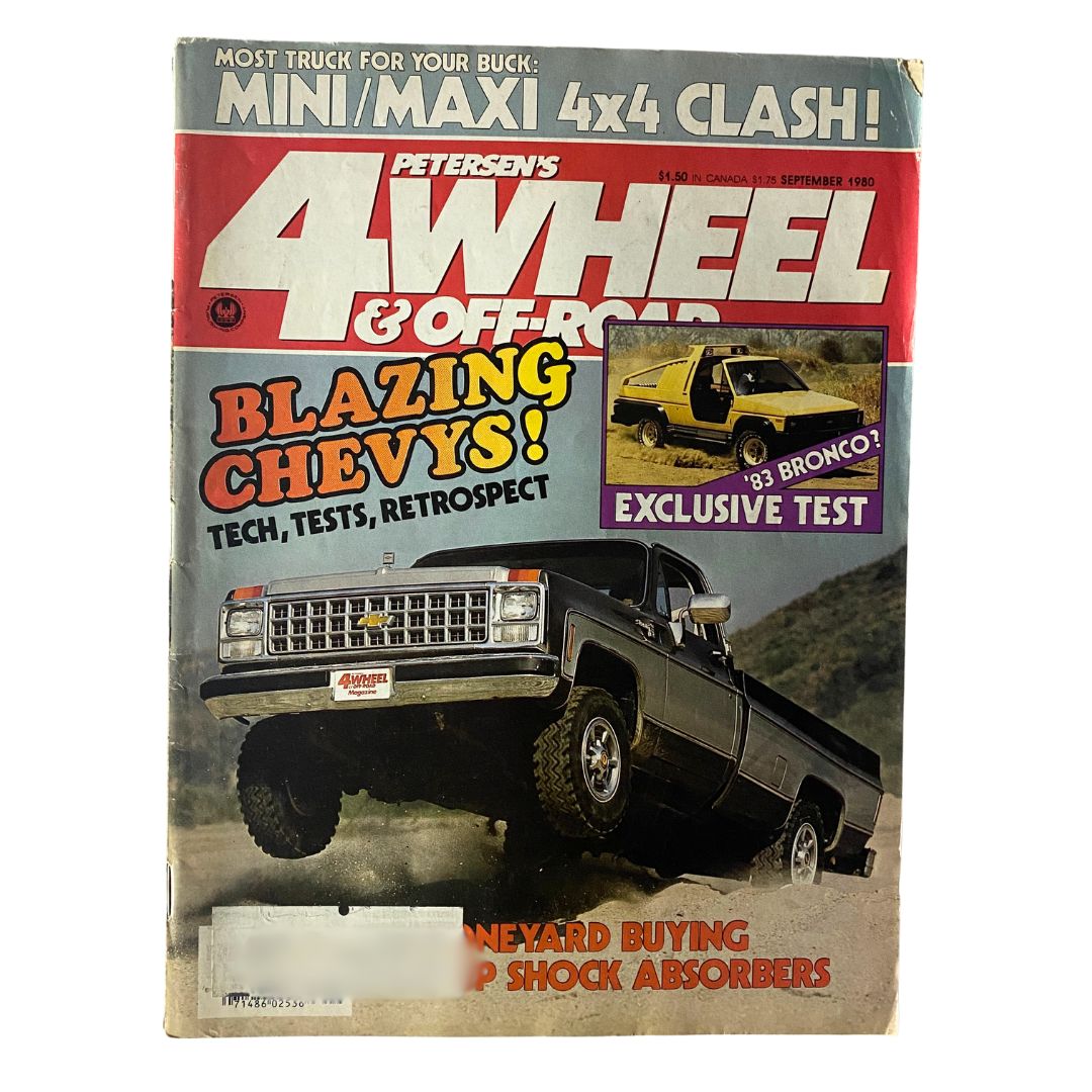 Cover of Petersen's 4-Wheel & Off-Road Magazine September 1980 featuring 'Blazing Chevys' headline, showcasing an iconic Chevrolet truck on rugged terrain, reflecting off-road culture and automotive history.