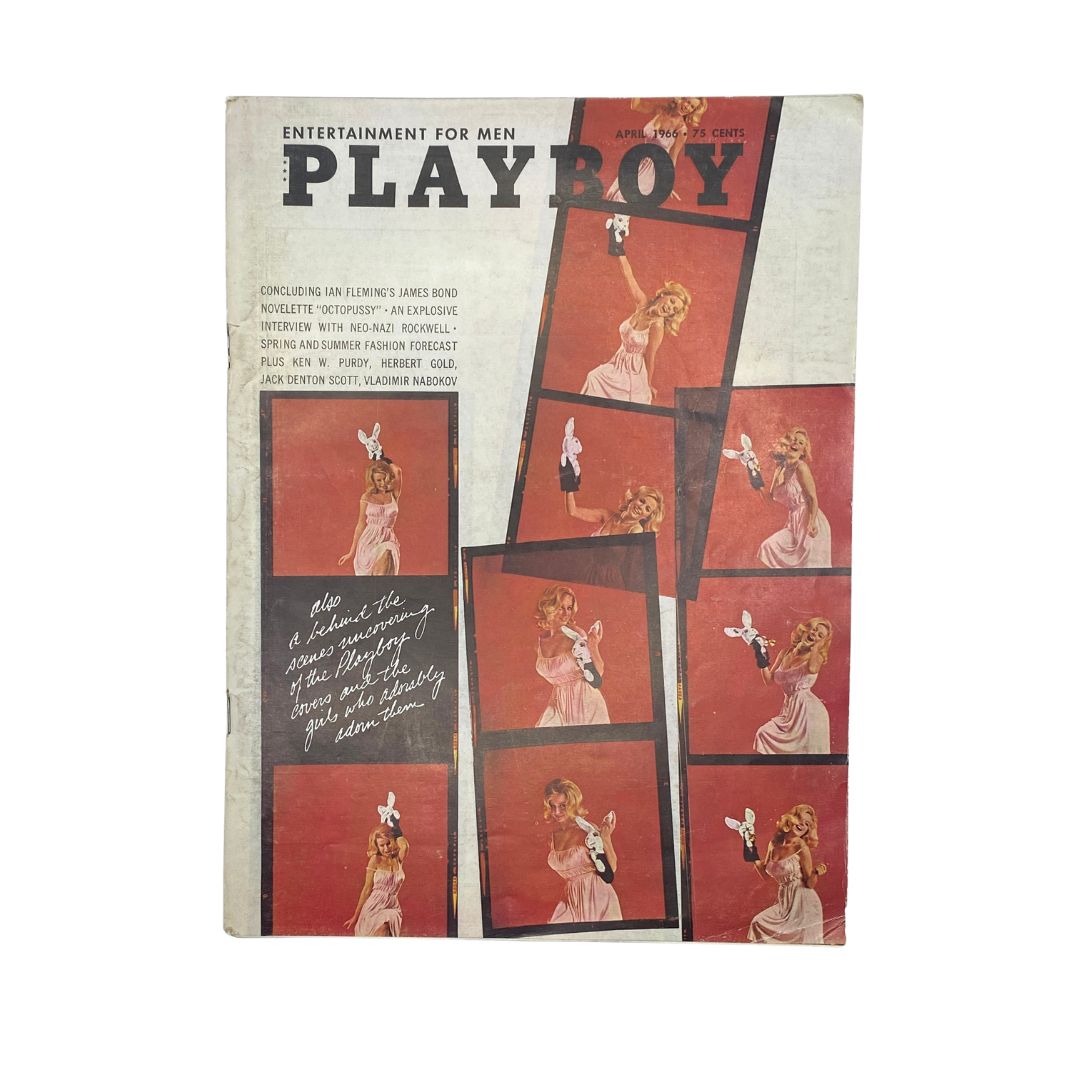 VTG Playboy Magazine April 1966 featuring cover model Karla Conway with playful poses and iconic Playboy branding. A collector's item highlighting vintage glamour.