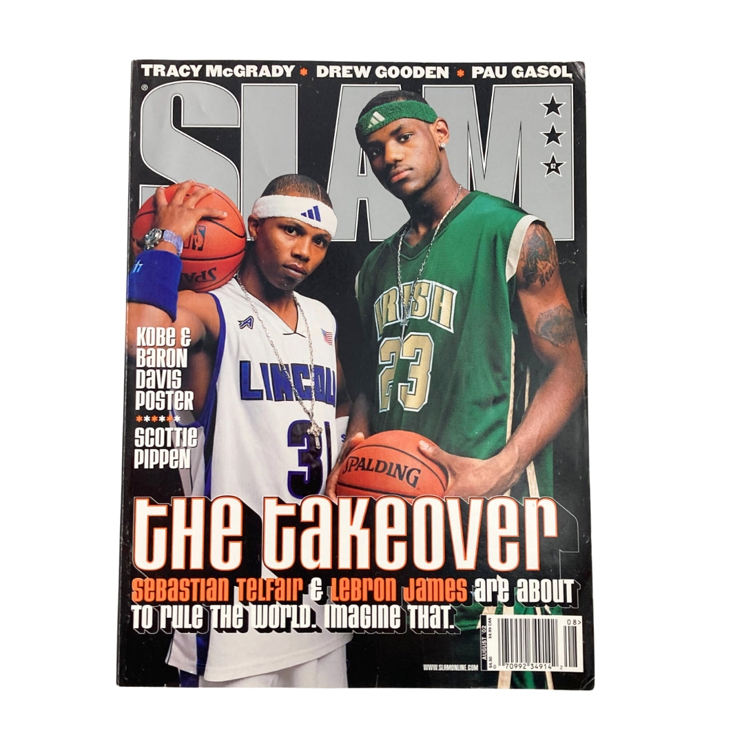 Cover of Slam Magazine, August 2002, featuring LeBron James and Sebastian Telfair, with a poster included, in a minimalist, no-label design.