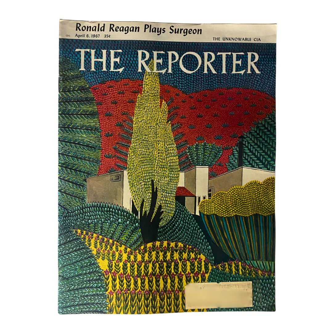 Vintage magazine cover of The Reporter, April 6, 1967, featuring an artistic depiction of a landscape and the title 'Ronald Reagan Plays Surgeon'