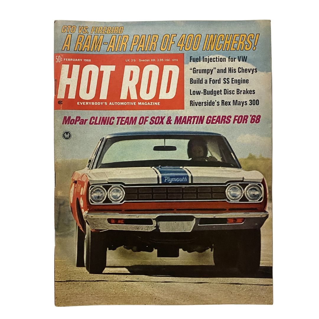 Cover of VTG Hot Rod Magazine from February 1968 featuring MoPar Clinic and Team of Sox with a Plymouth car on the road.