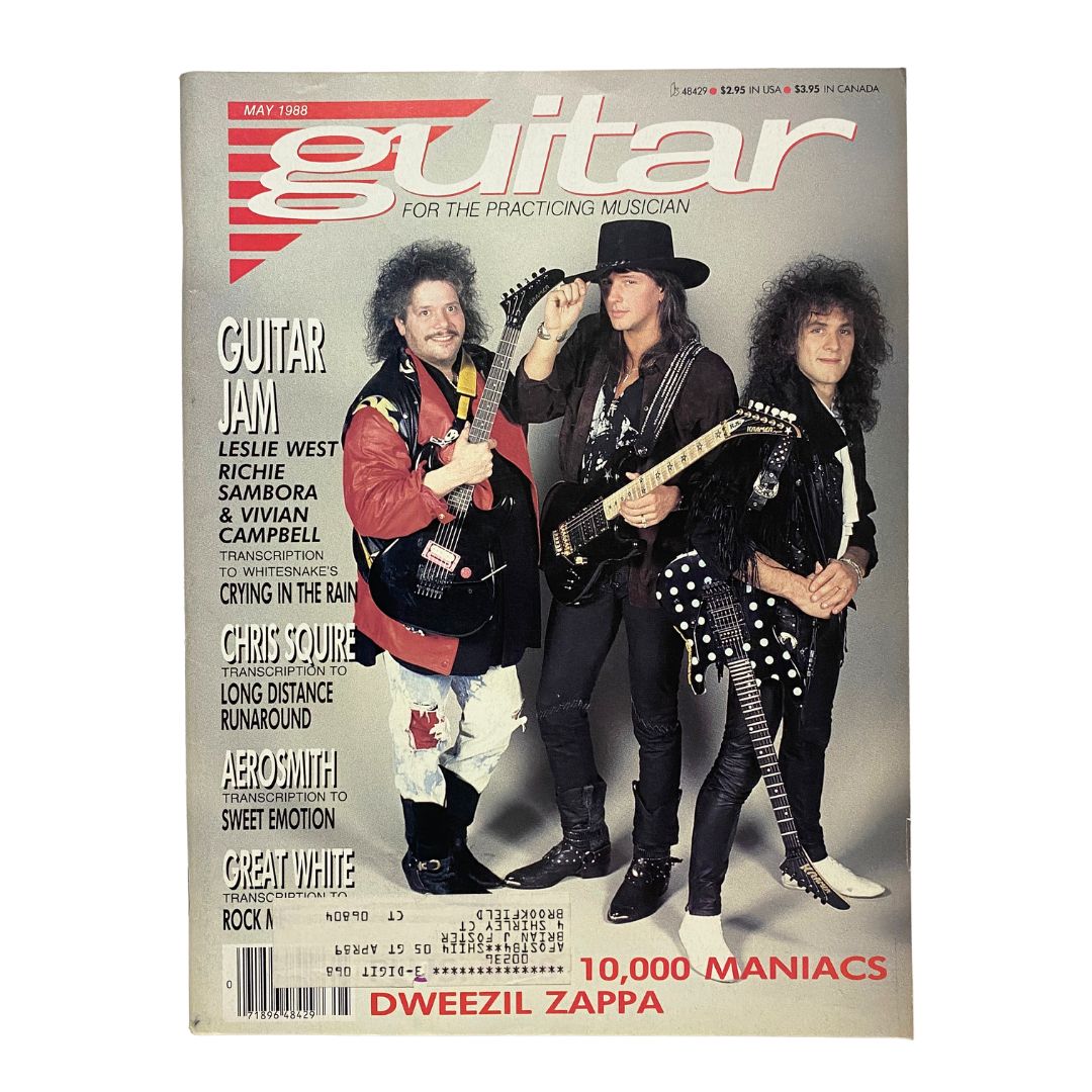 Cover of Guitar for the Practicing Musician Magazine May 1988 featuring a vibrant photo of guitarists Leslie West, Richie Sambora, and Vivian Campbell, highlighting the Guitar Jam section and iconic artists of the late 1980s.