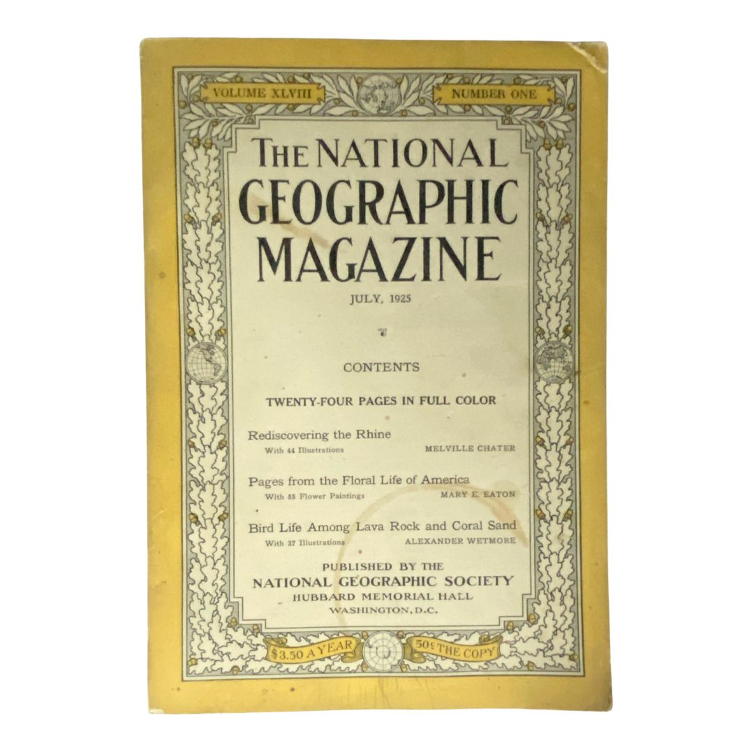 Cover of National Geographic Magazine July 1925 titled 'Rediscovering the Rhine', showcasing the magazine's contents and vintage design.