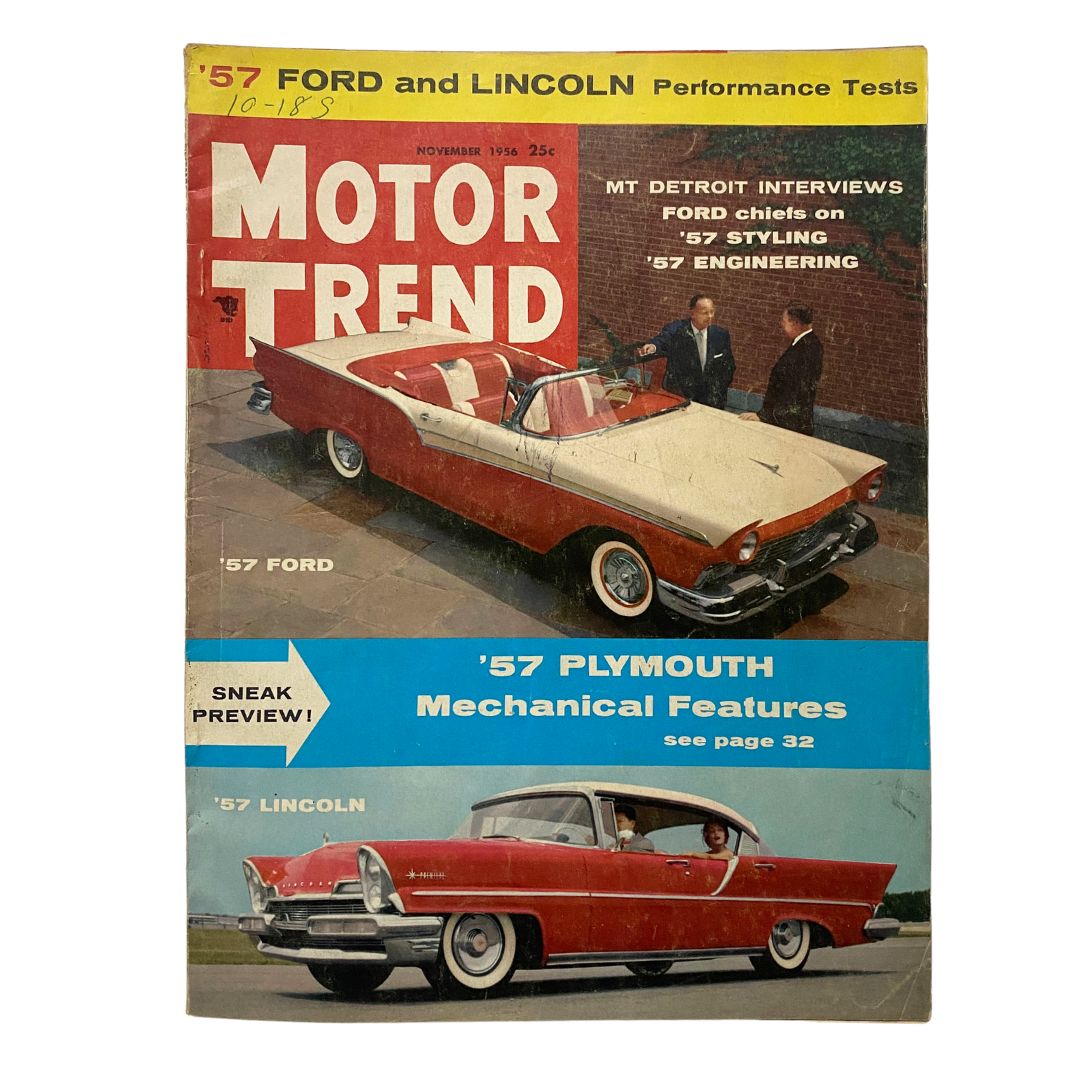Front cover of VTG Motor Trend Magazine November 1956 featuring '57 Plymouth, '57 Ford, and '57 Lincoln, showcasing mechanical features and automotive articles.