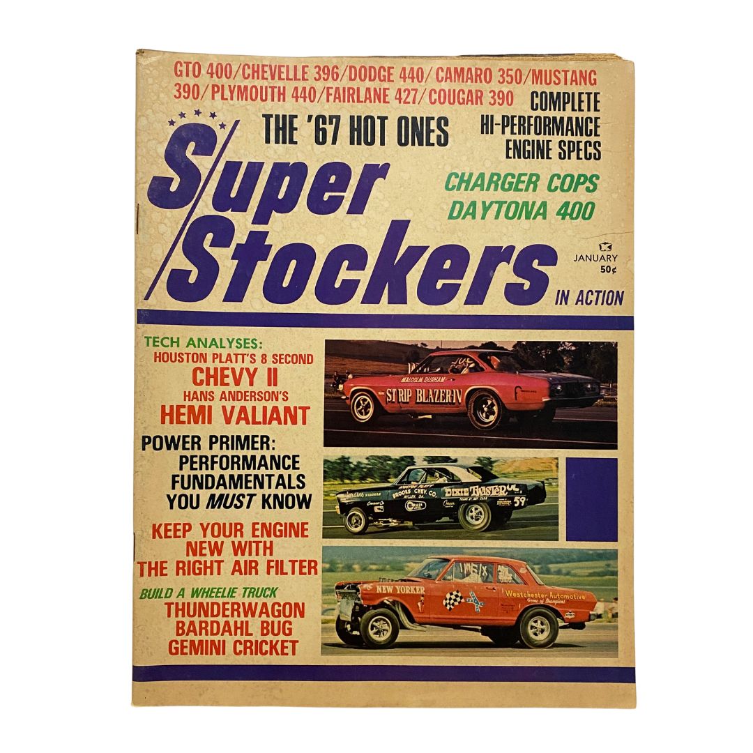 Cover of Super Stockers in Action Magazine January 1967 featuring Chevy II and Hemi Valiant with racing cars depicted, showcasing muscle car culture.