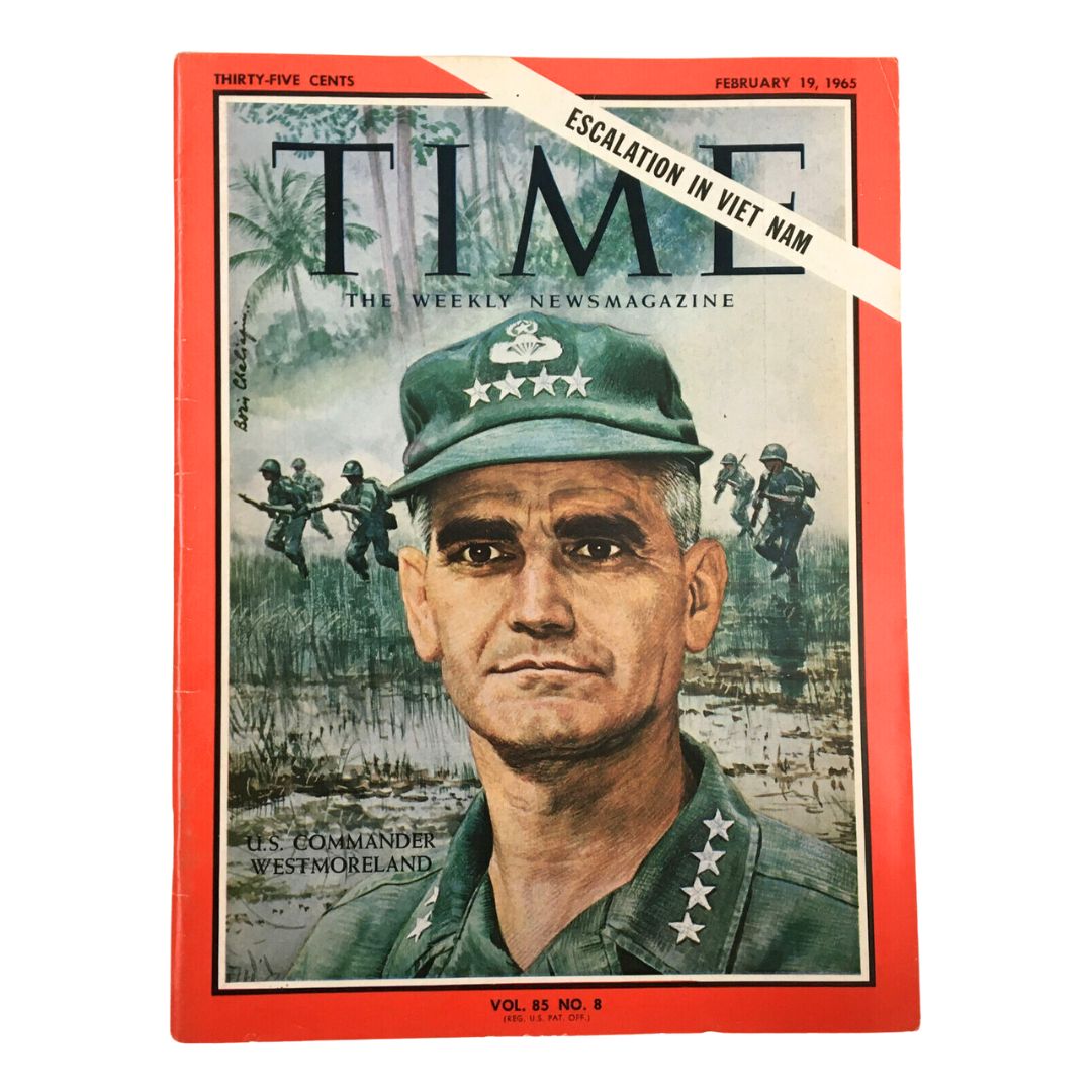 VTG Time Magazine February 19 1965 featuring U.S. Commander Westmoreland on the cover, showcasing military themes from the Vietnam War era.