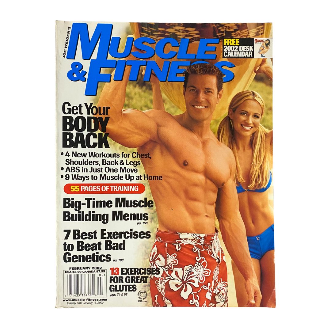 Cover of Muscle & Fitness Magazine February 2002 featuring Christian Boeving, showcasing fitness tips, bodybuilding advice, and an attractive model, ideal for collectors of vintage fitness publications.