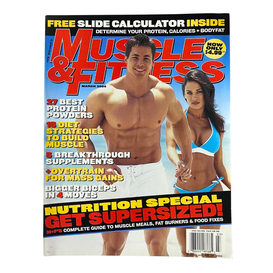 Cover of Muscle & Fitness Magazine, March 2004, Vol 65 No. 3, featuring fitness models in swimwear, highlighting nutrition and workout insights.