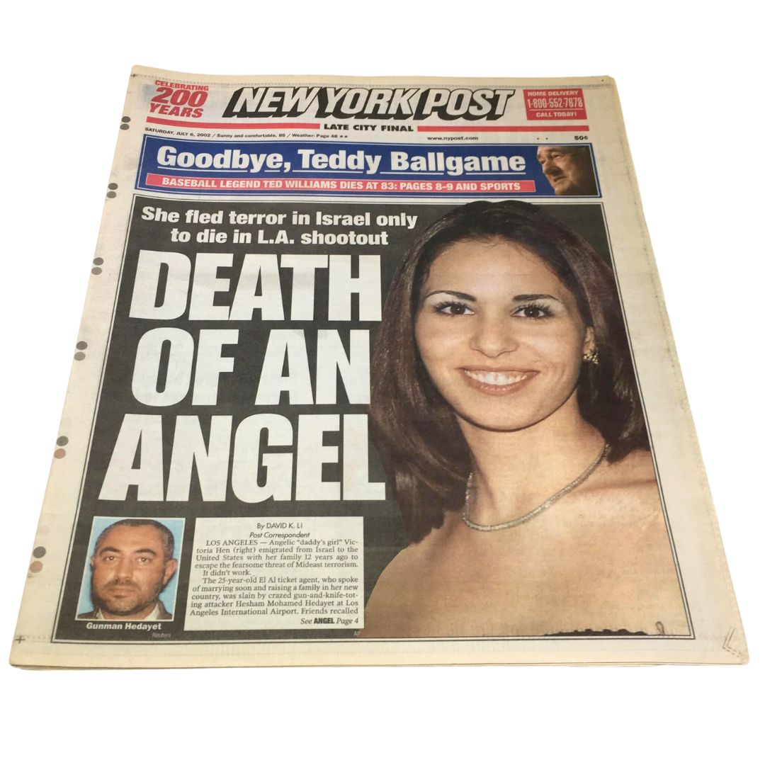 New York Post headline featuring the title 'Death Of An Angel, Goodbye, Teddy Ballgame' with an image of a woman and a report about a shooting incident. Dated July 6, 2002.