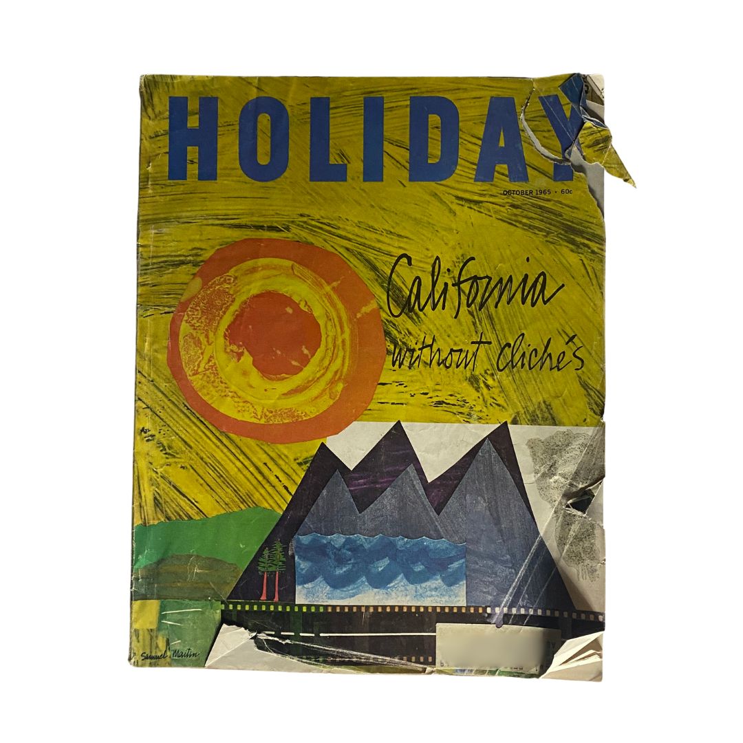Cover of VTG Holiday Magazine October 1965 featuring the bold title 'HOLIDAY' and a colorful depiction of a sun and mountains with the text 'California without cliches'.