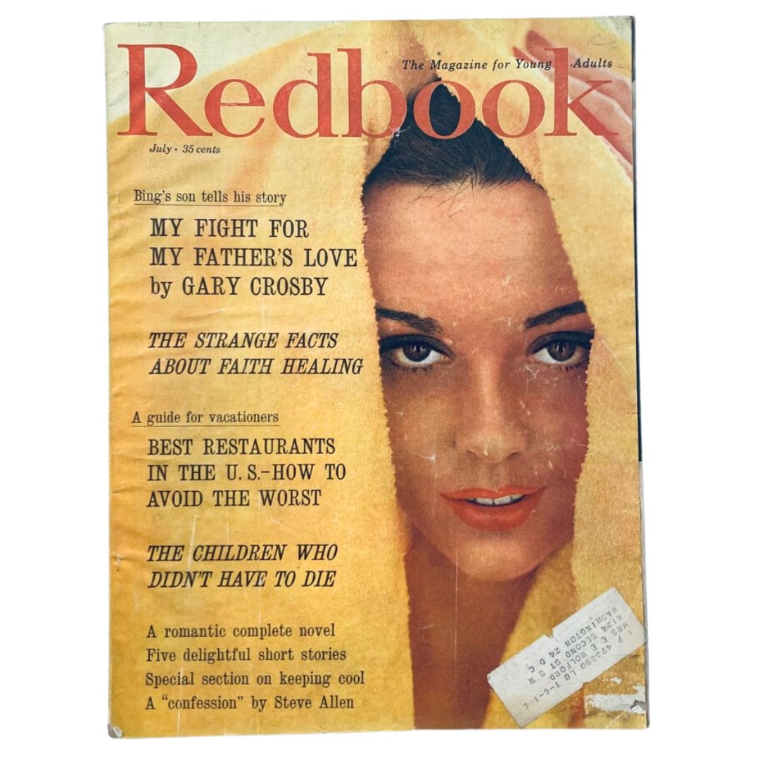 VTG Redbook Magazine July 1960 Vol 115 cover featuring the title "The Price of Marriage" and articles such as 'My Fight for My Father's Love' by Gary Crosby and 'The Strange Facts About Faith Healing'. This vintage magazine showcases period illustrations and advertisements, making it a collectible item for literature enthusiasts.