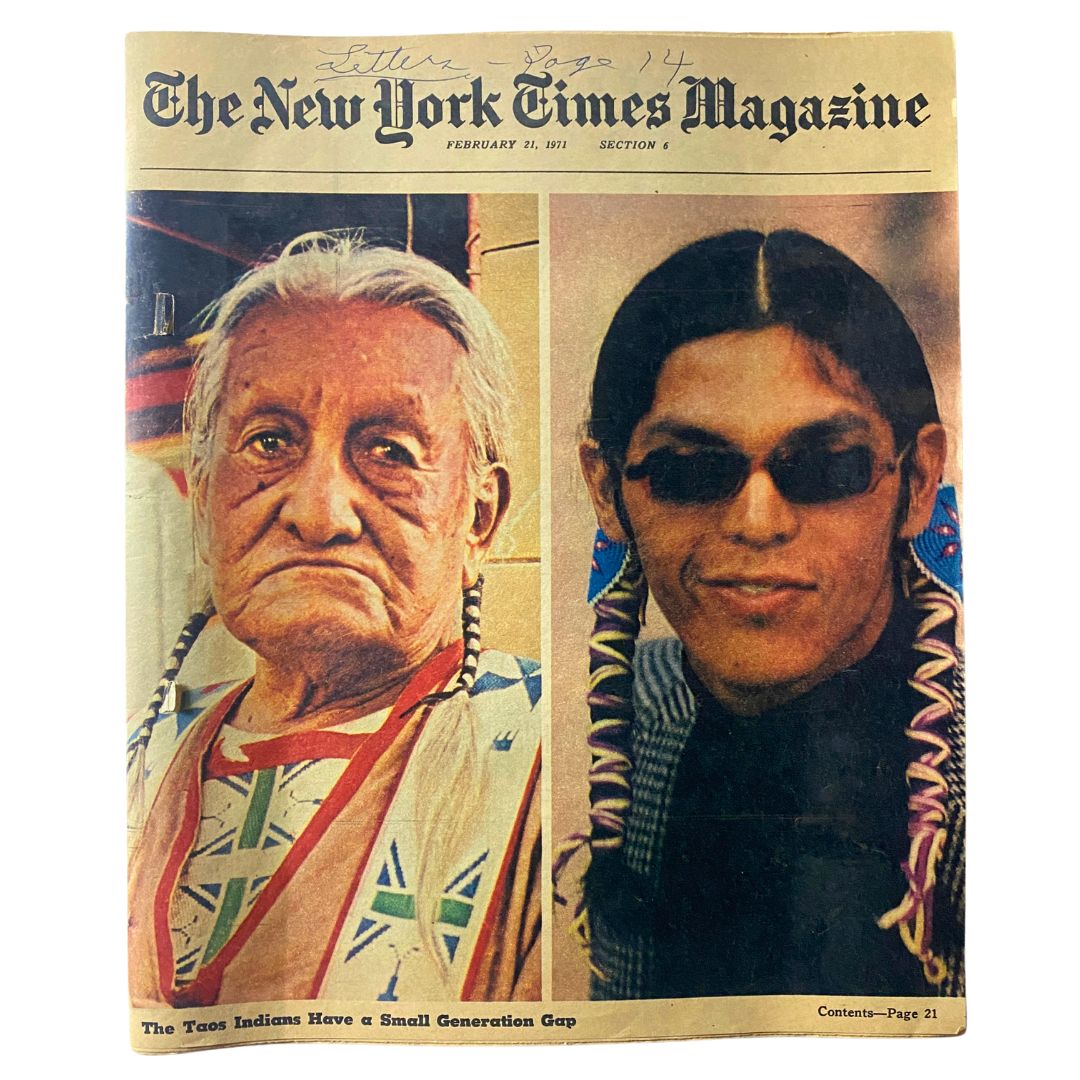 Cover of The New York Times Magazine from February 21, 1971, featuring close-up portraits of two Taos Indians, highlighting their cultural heritage. Title displayed prominently at the top.