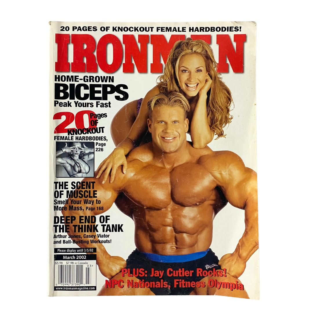 Iron Man Magazine March 2002 Vol 61 No. 3 featuring bodybuilders Jay Cutler and Brandy Flores on the cover, showcasing fitness culture and bodybuilding. This vintage magazine is a collectible item for enthusiasts.