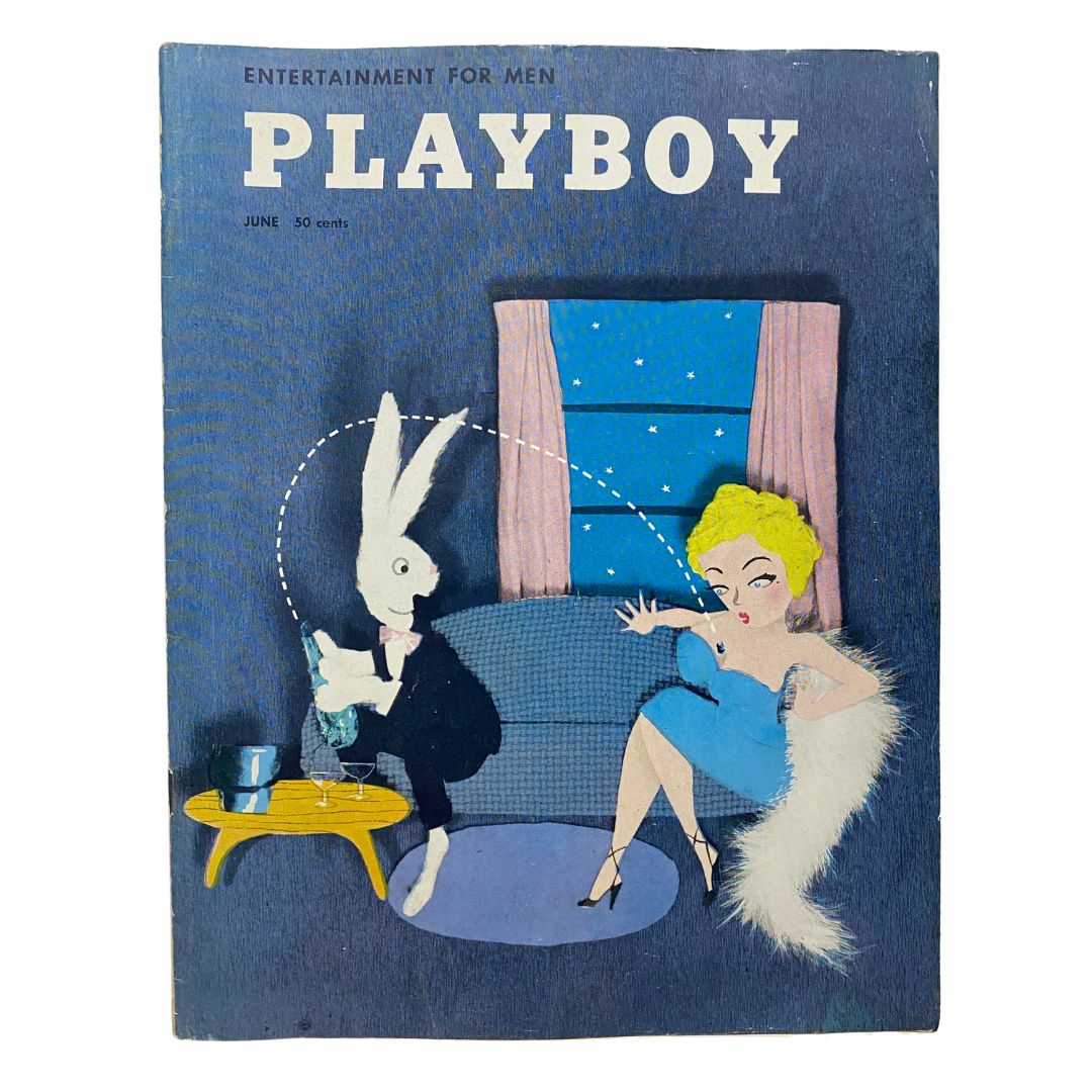 Cover of VTG Playboy Magazine June 1954 featuring Margie Harrison with a whimsical illustration of a rabbit and a woman, showcasing the vintage glamour of the era.