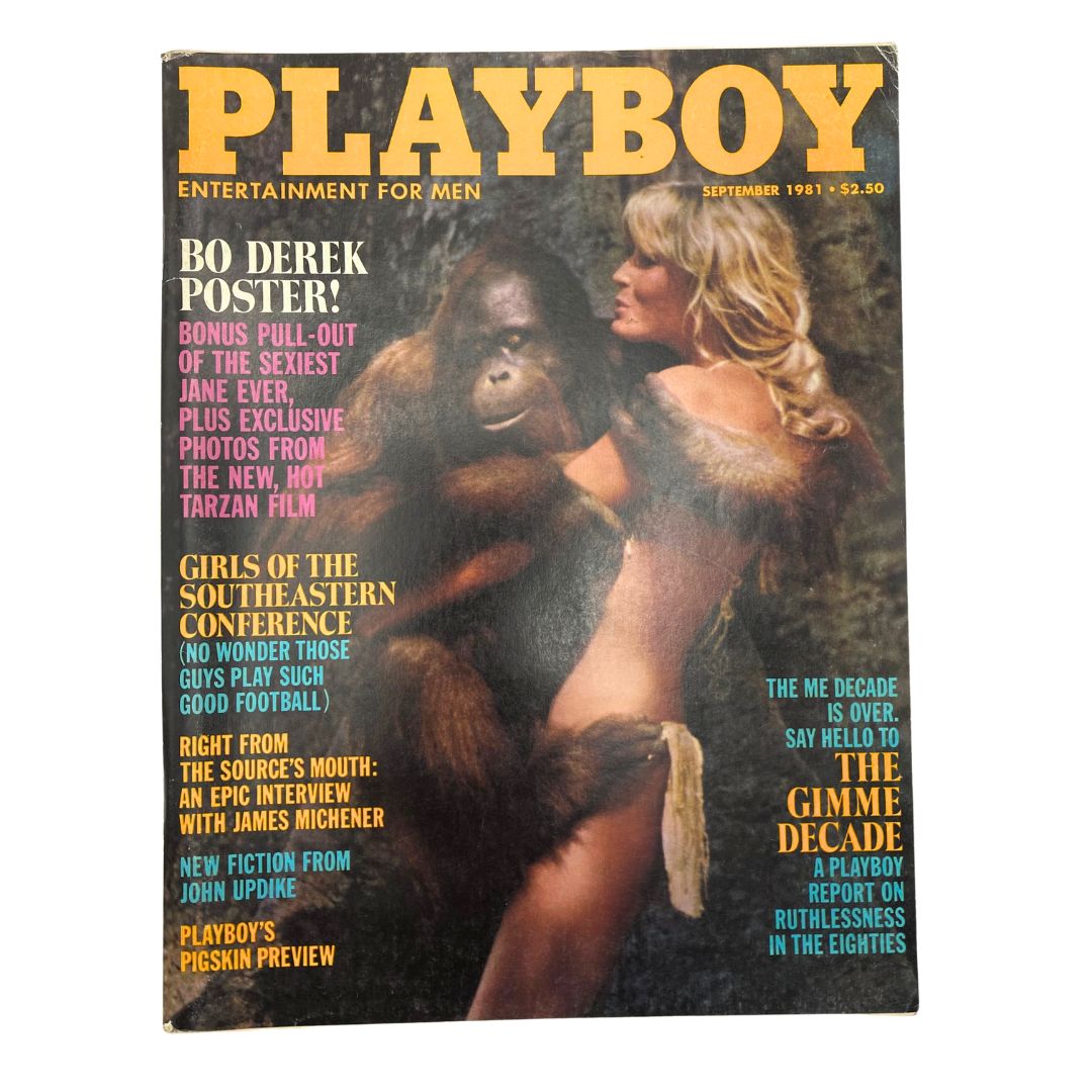 Playboy Magazine September 1981 cover featuring Playmate Susan Smith alongside a striking visual of an orangutan, celebrating the characters and culture of the 1980s.