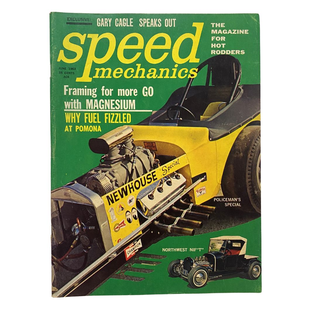 VTG Speed Mechanics Magazine June 1963 featuring the cover entitled 'Framing for More Go with Magnesium', showcasing a racing car design and automotive graphics.