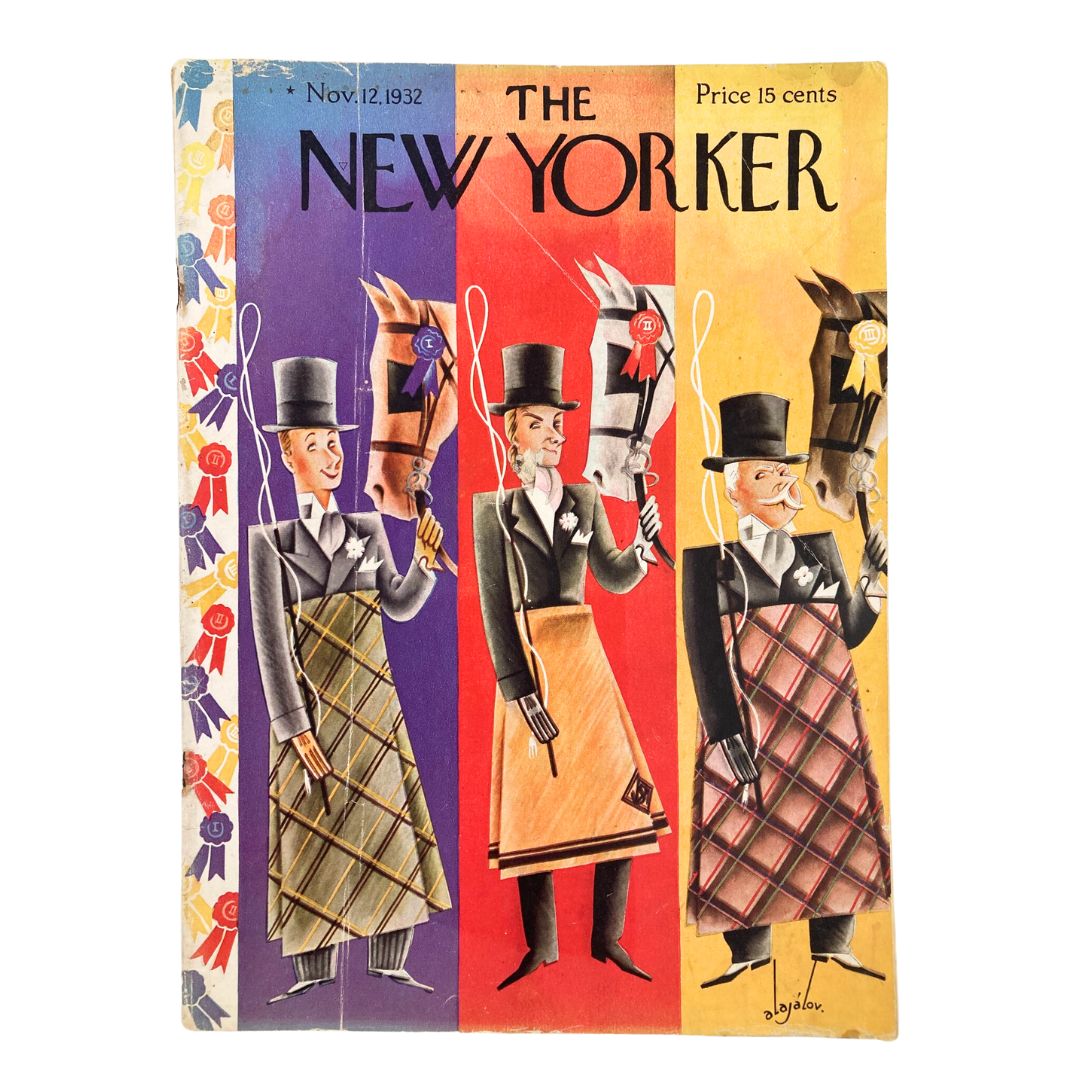 The New Yorker Magazine from November 12, 1932 featuring the cover illustration 'Horsemen' by Constantin Ajalov, showcasing three elegantly dressed men holding horse masks.