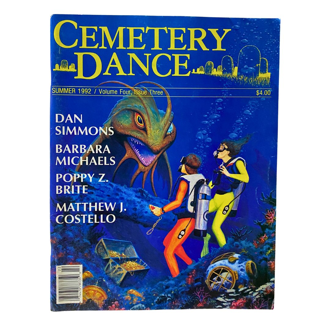 Cemetery Dance Magazine Summer 1992 Vol 4 #3 cover featuring an underwater scene with divers and a sea creature, showcasing contributions from Dan Simmons, Barbara Michaels, and Poppy Z. Brite.