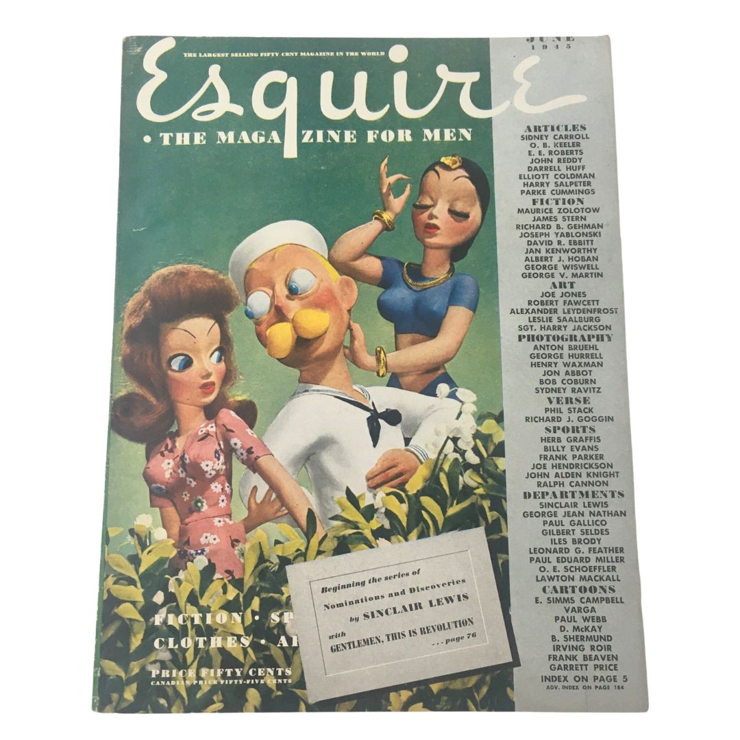 Esquire Magazine June 1945 cover featuring three brightly illustrated characters including a sailor and two women, highlighting cultural themes of the era.