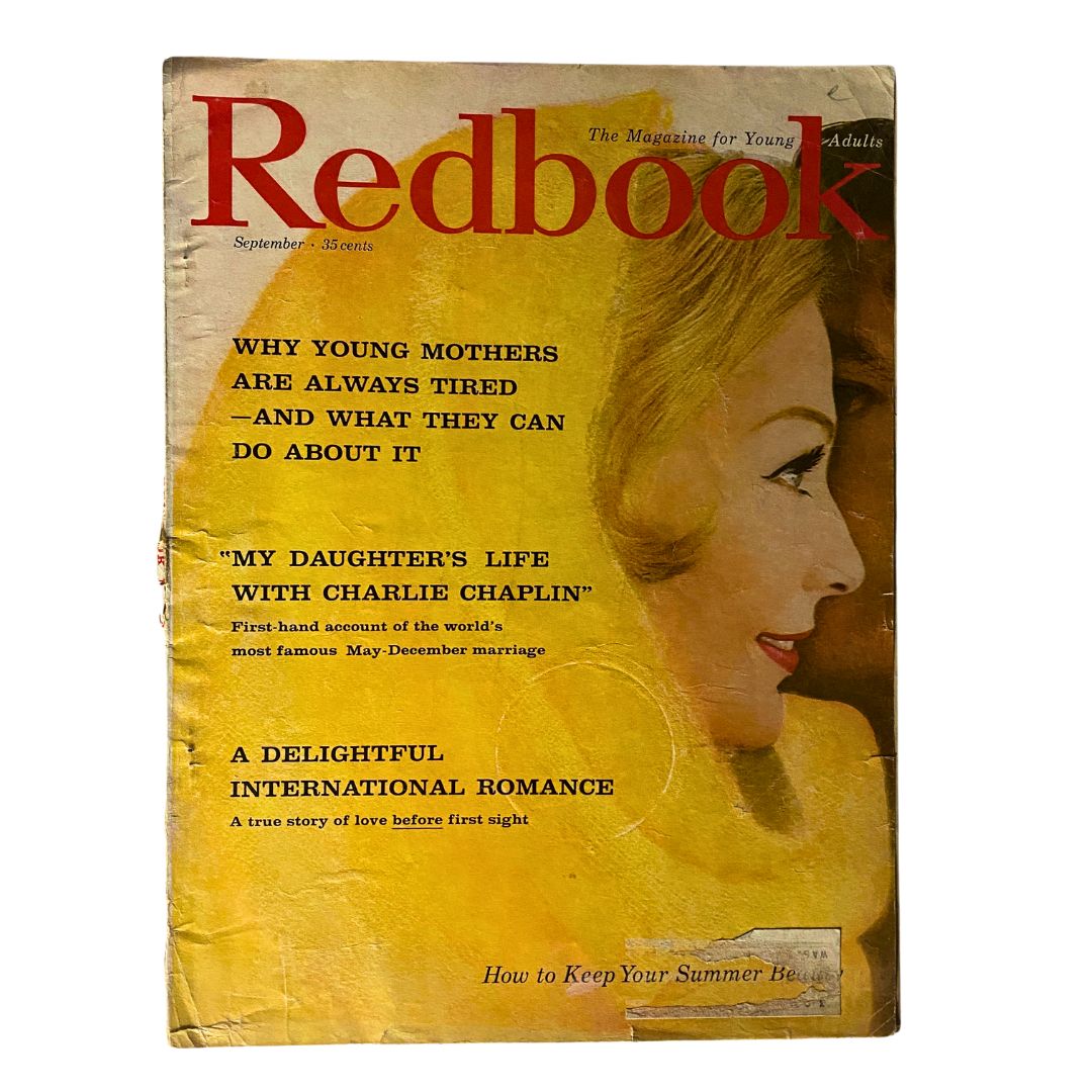 VTG Redbook Magazine September 1959 cover featuring the article 'My Daughter's Life with Charlie Chaplin' and colorful vintage graphics.