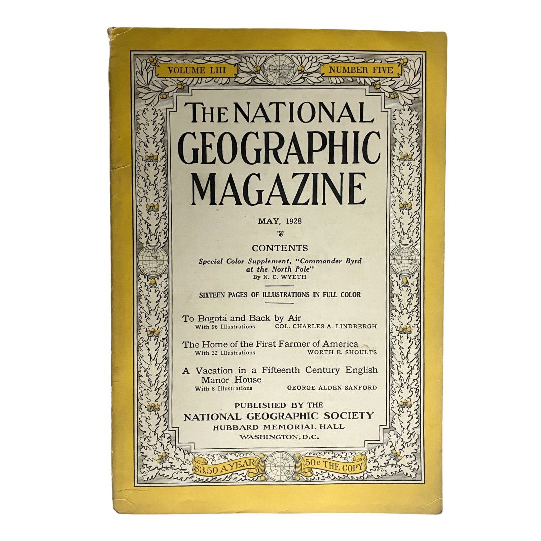 Cover of National Geographic Magazine May 1928 featuring the Commander Byrd Supplement, showcasing a vintage design with ornate border and colorful title.
