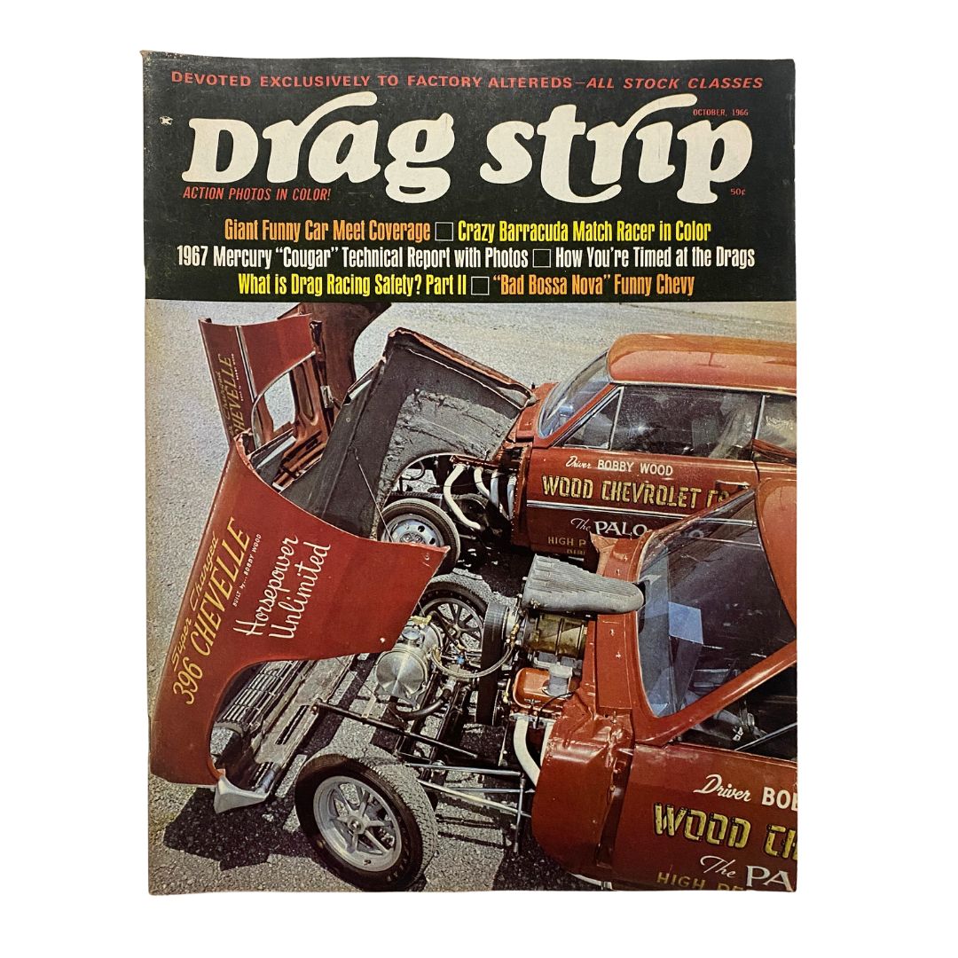 VTG Drag Strip Magazine October 1966 cover showcasing a Funny Chevy car with vibrant graphics and detailed text about drag racing features.