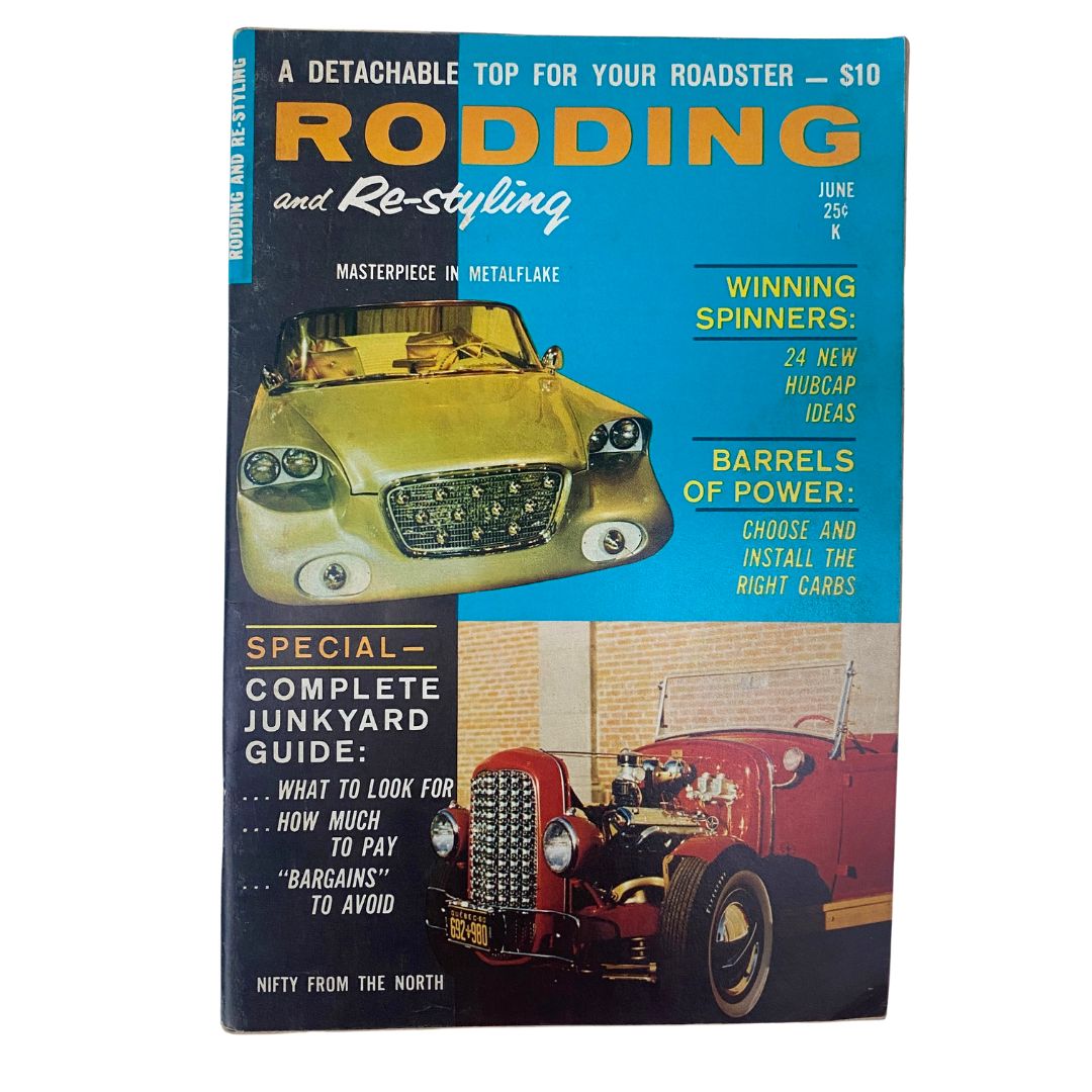 Cover of Rodding & Re-Styling Magazine June 1961 featuring the Masterpiece in Metalflake with vintage car designs and automotive tips.