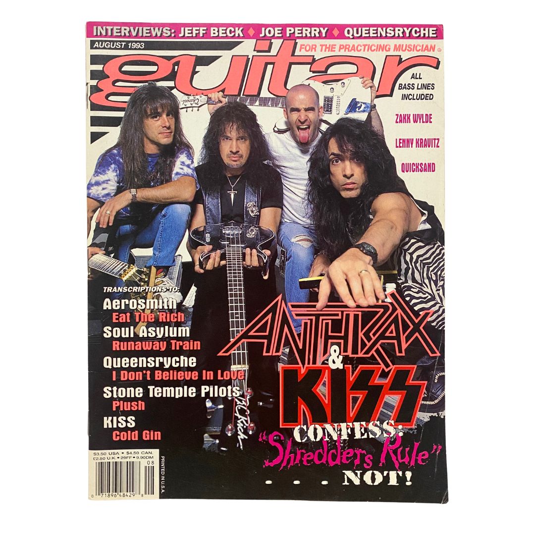 Guitar for the Practicing Musician Magazine August 1993 cover featuring Anthrax and Kiss, includes band members posing with guitars.