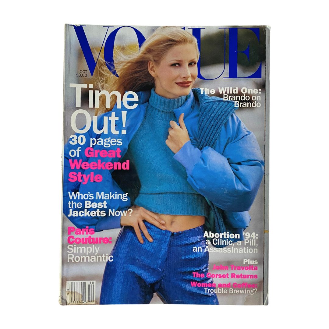 Vogue Magazine October 1994 featuring Kirsty Hume on the cover, displaying the bold headline 'Time Out!' and vibrant fashion colors in a stylish winter attire.