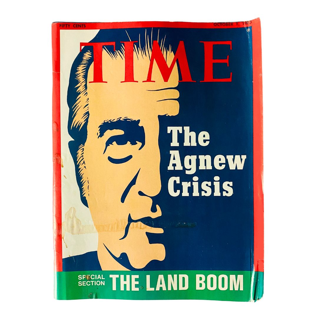 Vintage Time Magazine cover from October 1, 1973, featuring the headline 'The Agnew Crisis.' This iconic issue explores the political turmoil surrounding Spiro Agnew's resignation as Vice President.