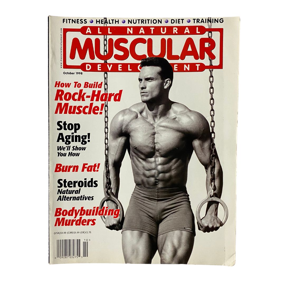 Muscular Development Magazine October 1998 featuring a shirtless male model on the cover, highlighting bodybuilding topics, fitness tips, and nutrition advice from the late 90s, perfect for vintage magazine collectors.