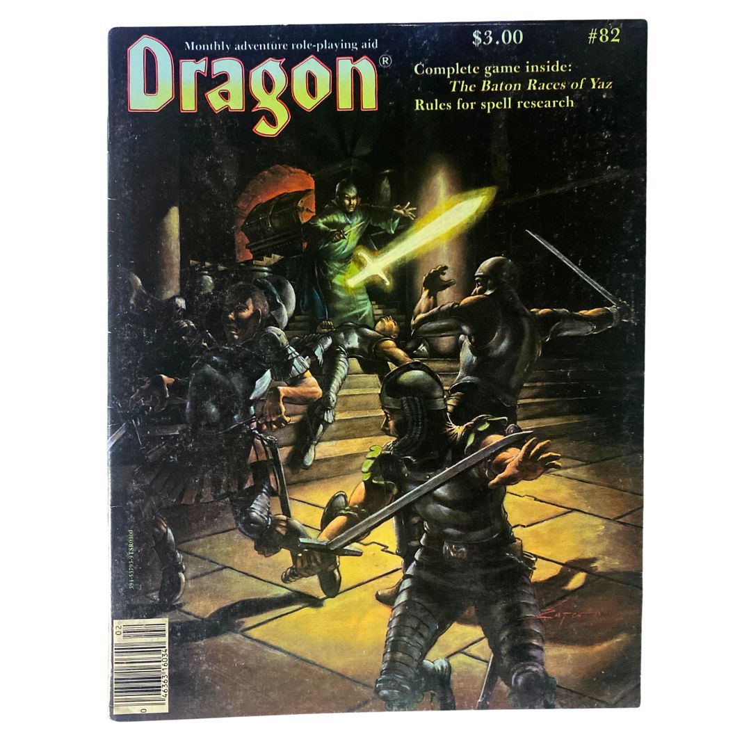Cover of VTG Dragon Magazine February 1984 #82 featuring dramatic fantasy artwork related to The Baton Races of Yaz, showcasing a competitive scene with armored figures and weapons.