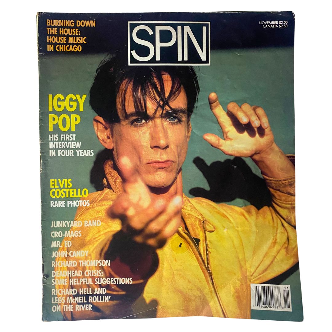 Cover of VTG Spin Magazine, November 1986, Vol 2 No. 8 featuring Iggy Pop and Elvis Costello, highlighting Iggy's first interview in four years and rare photos of Elvis.