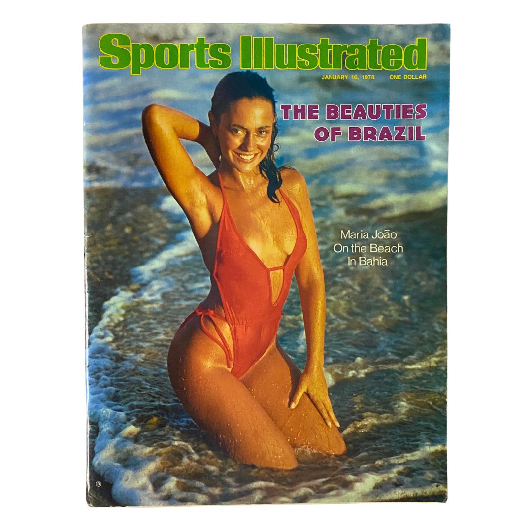 Vintage Sports Illustrated Magazine cover from January 16, 1978, featuring Maria Joao in a red swimsuit at the beach, showcasing 70s sports culture.