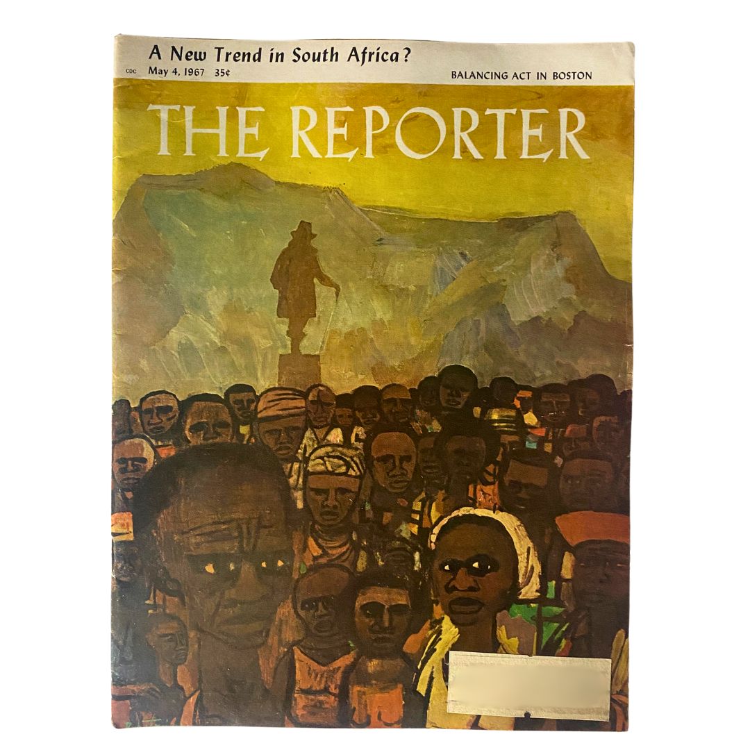 VTG The Reporter Magazine cover from May 4, 1967, featuring an artistic depiction of crowds and a statue, exploring the theme 'A New Trend in South Africa?'.