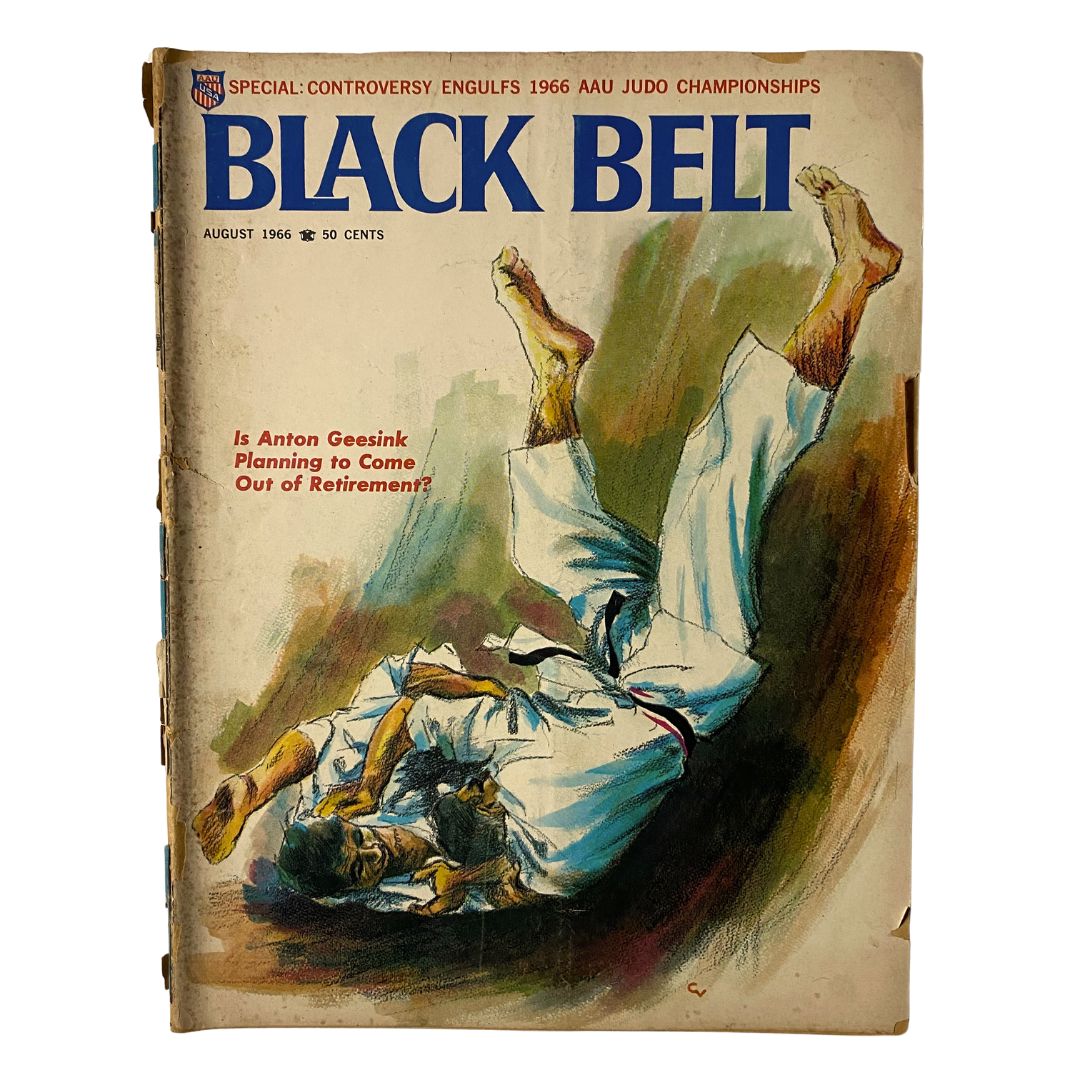 Cover of VTG Black Belt Magazine August 1966 featuring Anton Geesink in an intense judo match with eye-catching artwork, exploring the question of his potential return from retirement.