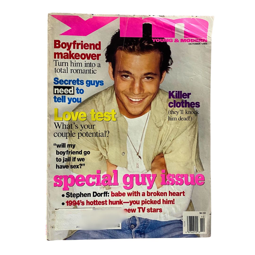 Cover of YM Young & Modern Magazine October 1994 featuring Stephen Dorff, highlighted as the special Guy Issue with vibrant colors and engaging headlines.