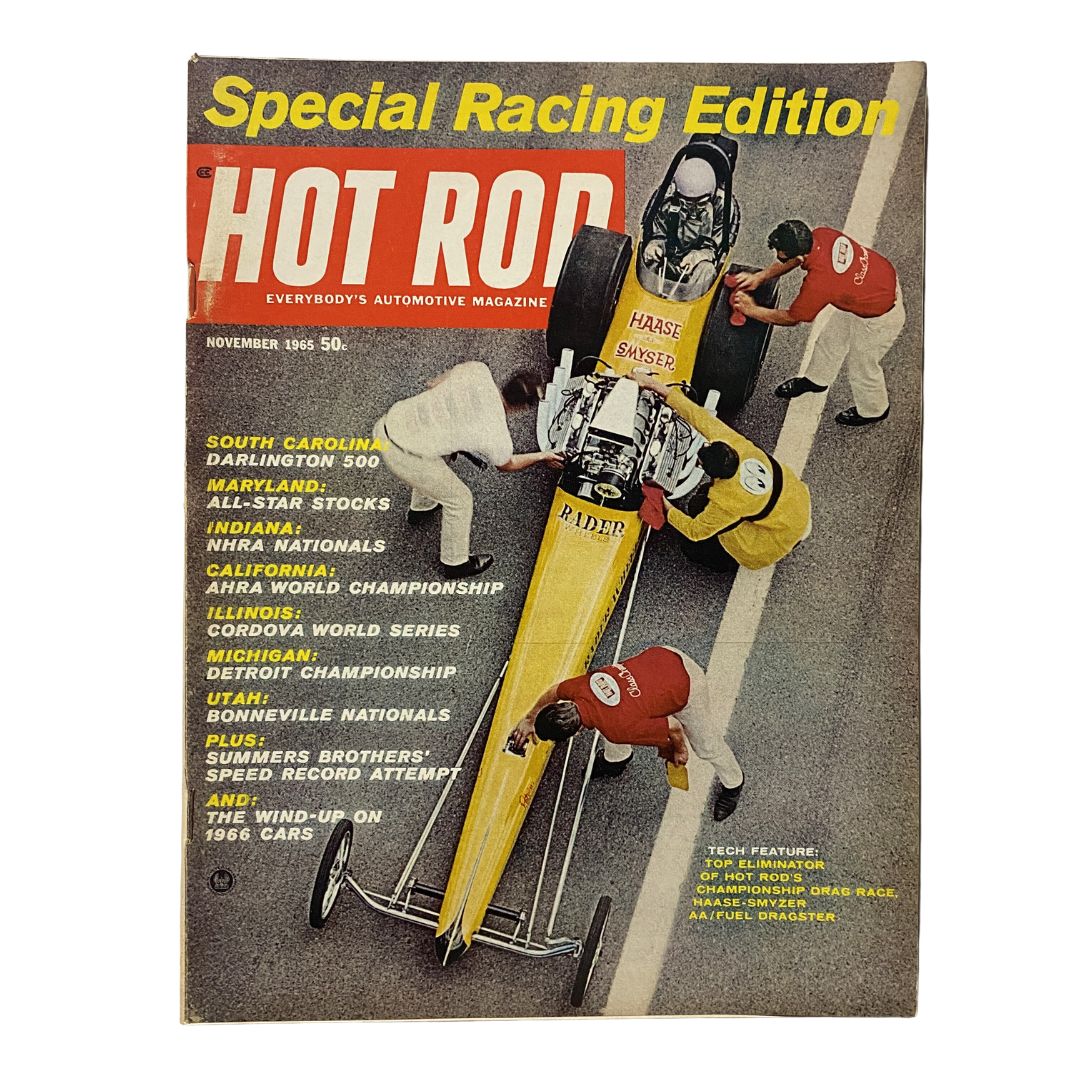 Cover of VTG Hot Rod Magazine November 1965 featuring the Darlington 500 race, iconic hot rod images, and special racing edition highlights.