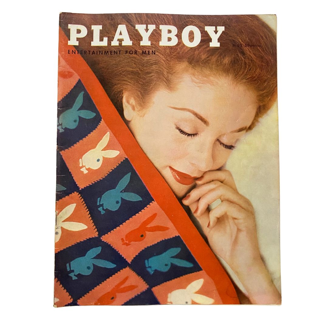 VTG Playboy Magazine May 1956 featuring cover image of a woman with red hair, showcasing a colorful quilt-like background, representing mid-20th century culture.